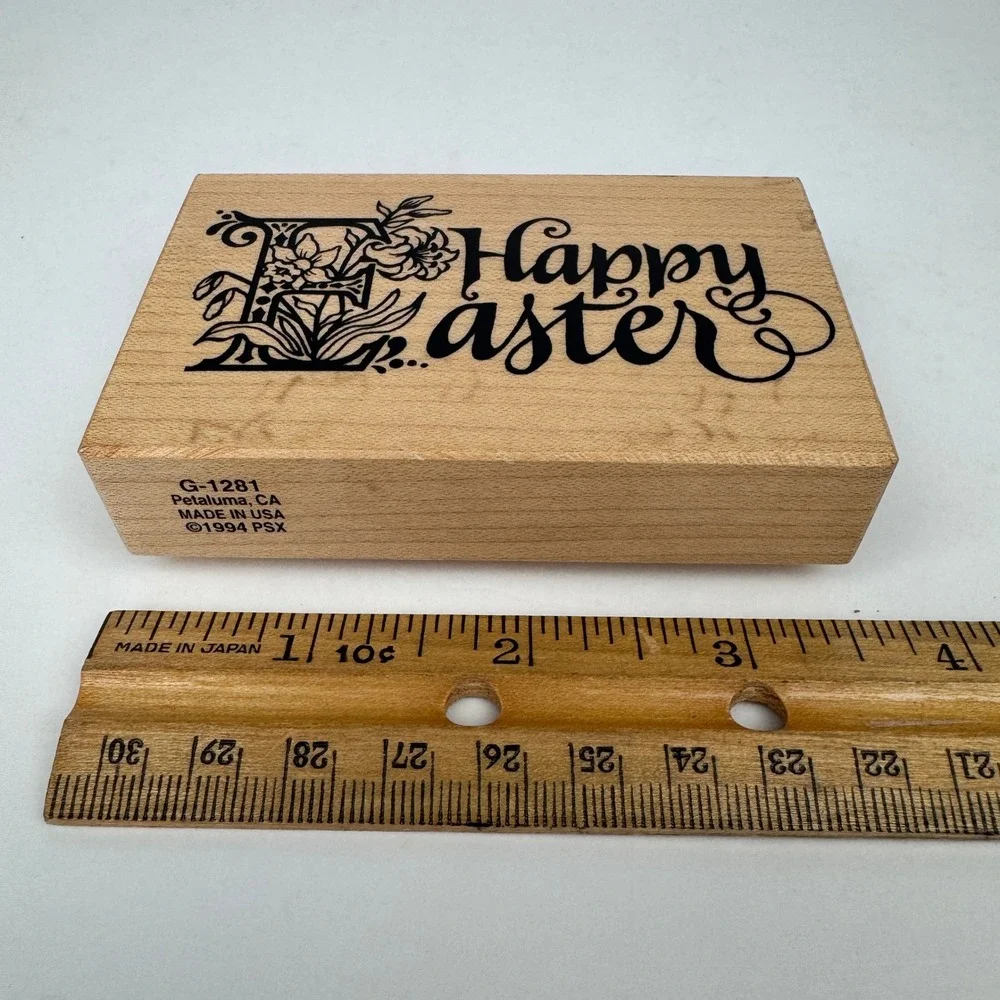 Vtg 1994 PSX Happy Easter Rubber Stamp Cursive Craft Floral Calligraphy USA Made